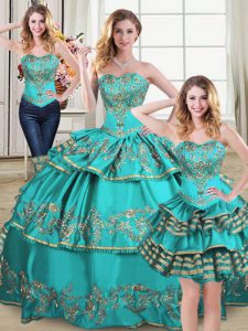 Fabulous Aqua Blue Organza Lace Up Sweet 16 Dresses Sleeveless Floor Length Embroidery and Ruffled Layers