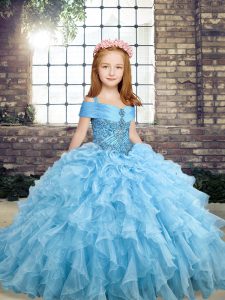 Custom Designed Blue Organza Lace Up Straps Sleeveless Floor Length Little Girl Pageant Gowns Beading and Ruffles