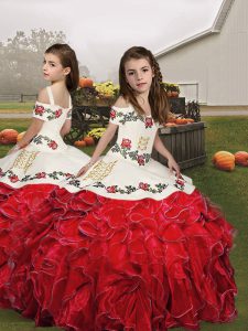 Simple Sleeveless Organza Floor Length Lace Up Little Girl Pageant Gowns in Red with Embroidery and Ruffles