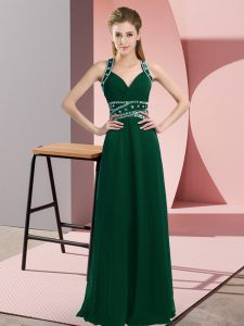 Charming Sleeveless Chiffon Floor Length Backless Homecoming Party Dress in Dark Green with Beading