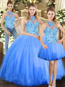 Eye-catching Sleeveless Floor Length Embroidery Lace Up Sweet 16 Dresses with Blue