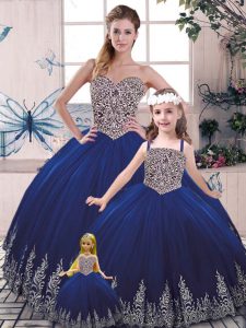 Shining Royal Blue Tulle Lace Up Scoop Sleeveless Floor Length Sweet 16 Dress Beading and Appliques