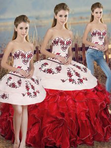 Pretty Sleeveless Floor Length Embroidery and Ruffles and Bowknot Lace Up Sweet 16 Dress with White And Red