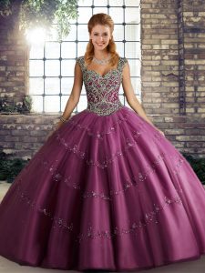 Floor Length Fuchsia Quinceanera Dresses Straps Sleeveless Lace Up