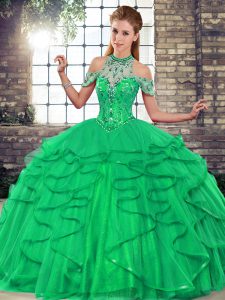 Elegant Green Halter Top Neckline Beading and Ruffles Quinceanera Dresses Sleeveless Lace Up