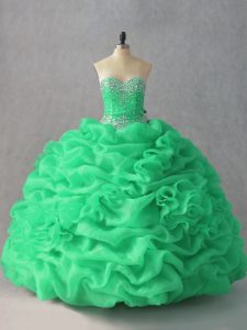 Dramatic Green Lace Up Sweet 16 Quinceanera Dress Beading and Pick Ups and Hand Made Flower Sleeveless Floor Length