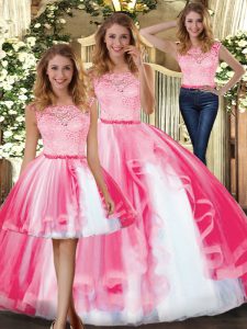 Admirable Sleeveless Floor Length Lace and Ruffles Clasp Handle Ball Gown Prom Dress with Hot Pink
