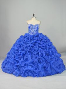 Popular Blue Quince Ball Gowns Organza and Elastic Woven Satin Brush Train Sleeveless Beading and Pick Ups