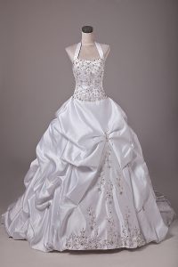 Discount White Taffeta Lace Up Wedding Gowns Sleeveless Brush Train Beading and Embroidery and Pick Ups