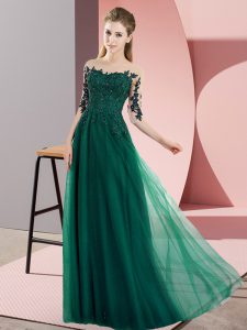 Superior Dark Green Bateau Neckline Beading and Lace Dama Dress for Quinceanera Half Sleeves Lace Up