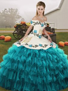 Teal Ball Gowns Off The Shoulder Sleeveless Organza Floor Length Lace Up Embroidery and Ruffled Layers 15 Quinceanera Dress
