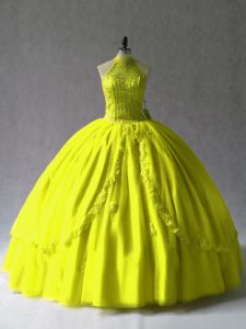Floor Length Lace Up Quinceanera Gowns Yellow Green and In with Appliques