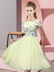Fancy Knee Length Yellow Dama Dress for Quinceanera Tulle Short Sleeves Appliques