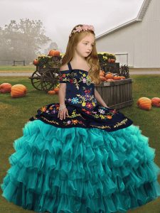 Adorable Straps Sleeveless Organza Child Pageant Dress Embroidery and Ruffled Layers Lace Up
