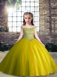 Tulle Off The Shoulder Sleeveless Lace Up Beading Kids Pageant Dress in Olive Green