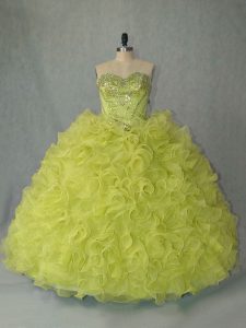 Sleeveless Beading and Ruffles Lace Up Ball Gown Prom Dress with Yellow Green Brush Train