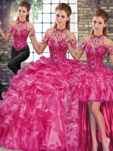 Delicate Floor Length Fuchsia Quinceanera Gowns Organza Sleeveless Beading and Ruffles