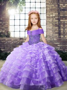 Straps Sleeveless Little Girl Pageant Dress Brush Train Beading and Ruffled Layers Lavender Organza