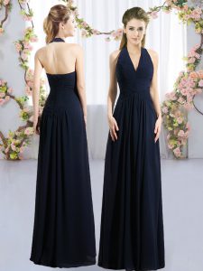 Sleeveless Chiffon Floor Length Lace Up Bridesmaids Dress in Navy Blue with Ruching
