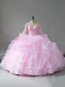 Pink Lace Up V-neck Lace and Ruffles Quince Ball Gowns Tulle Long Sleeves