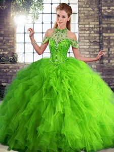 Clearance Floor Length Lace Up Quinceanera Dresses Green for Military Ball and Sweet 16 and Quinceanera with Beading and Ruffles