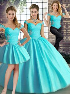 Traditional Sleeveless Floor Length Beading Lace Up 15th Birthday Dress with Aqua Blue