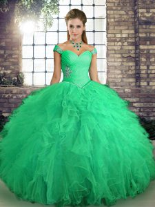 Turquoise Ball Gowns Beading and Ruffles 15th Birthday Dress Lace Up Tulle Sleeveless Floor Length