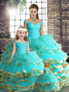Beading and Ruffled Layers Quince Ball Gowns Aqua Blue Lace Up Sleeveless Floor Length