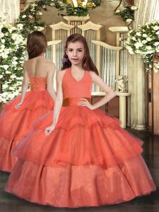 Excellent Orange Red Halter Top Lace Up Ruffled Layers Pageant Gowns For Girls Sleeveless