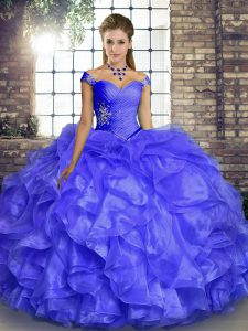 Lavender Organza Lace Up Quinceanera Gowns Sleeveless Floor Length Beading and Ruffles