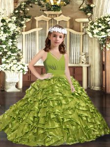 Enchanting Olive Green Ball Gowns Ruffles Girls Pageant Dresses Zipper Organza Sleeveless Floor Length