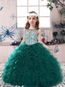 Hot Sale Peacock Green Ball Gowns Scoop Sleeveless Organza Floor Length Lace Up Beading and Ruffles Pageant Gowns For Girls