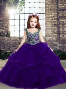 Latest Purple Straps Neckline Beading Child Pageant Dress Sleeveless Lace Up