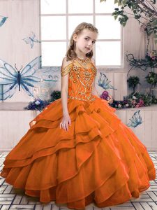 Orange Red Ball Gowns High-neck Sleeveless Organza Floor Length Lace Up Beading Little Girl Pageant Dress