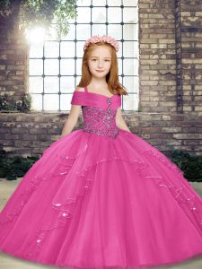 Top Selling Straps Sleeveless Kids Pageant Dress Floor Length Beading Hot Pink Tulle