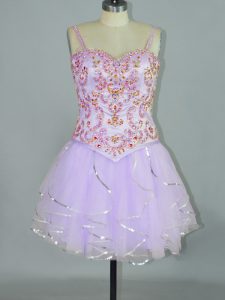 Beading and Ruffles Evening Dress Lavender Lace Up Sleeveless Mini Length