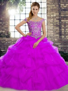 Hot Selling Purple Lace Up Off The Shoulder Beading and Pick Ups Quinceanera Gowns Tulle Sleeveless Brush Train