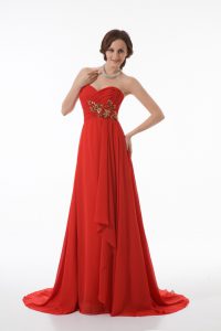 Dynamic Sleeveless Chiffon Brush Train Zipper Prom Dress in Red with Appliques and Ruching