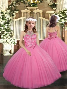 Floor Length Rose Pink Pageant Dress Tulle Sleeveless Beading