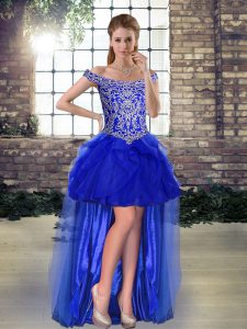 High Low Lace Up Prom Dresses Royal Blue for Prom and Party with Beading and Ruffles