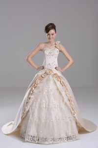 Wonderful Champagne Sleeveless Brush Train Embroidery and Hand Made Flower Vestidos de Quinceanera