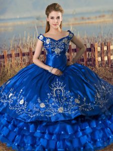 Decent Royal Blue Off The Shoulder Neckline Embroidery and Ruffled Layers 15th Birthday Dress Sleeveless Lace Up