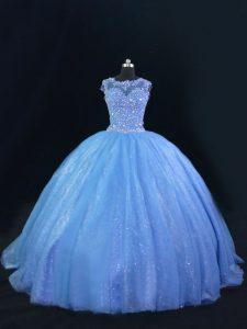 Blue Ball Gowns Tulle and Sequined Scoop Sleeveless Beading Lace Up Quince Ball Gowns