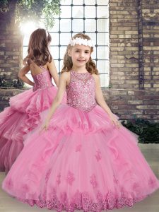 Excellent Floor Length Lace Up Little Girl Pageant Gowns Lilac for Party and Military Ball and Wedding Party with Beading and Appliques