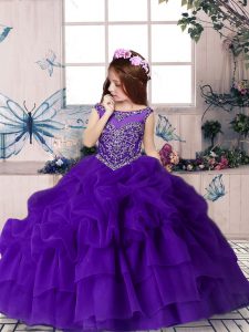 Top Selling Floor Length Purple Little Girl Pageant Gowns Scoop Sleeveless Zipper