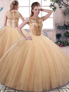 Sleeveless Tulle Floor Length Lace Up Sweet 16 Quinceanera Dress in Gold with Beading