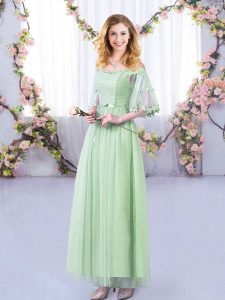 Apple Green Half Sleeves Lace and Belt Floor Length Bridesmaid Gown
