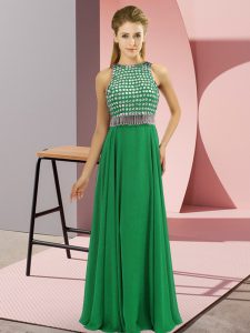 Sleeveless Chiffon Floor Length Side Zipper Prom Evening Gown in Green with Beading