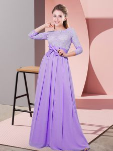 Dazzling 3 4 Length Sleeve Chiffon Floor Length Side Zipper Dama Dress for Quinceanera in Lavender with Lace and Belt