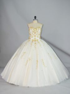 Halter Top Sleeveless Quinceanera Gown Floor Length Beading Champagne Tulle